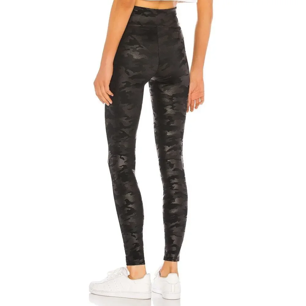 Spanx Faux Leather Leggings Matte Black Camo Size M